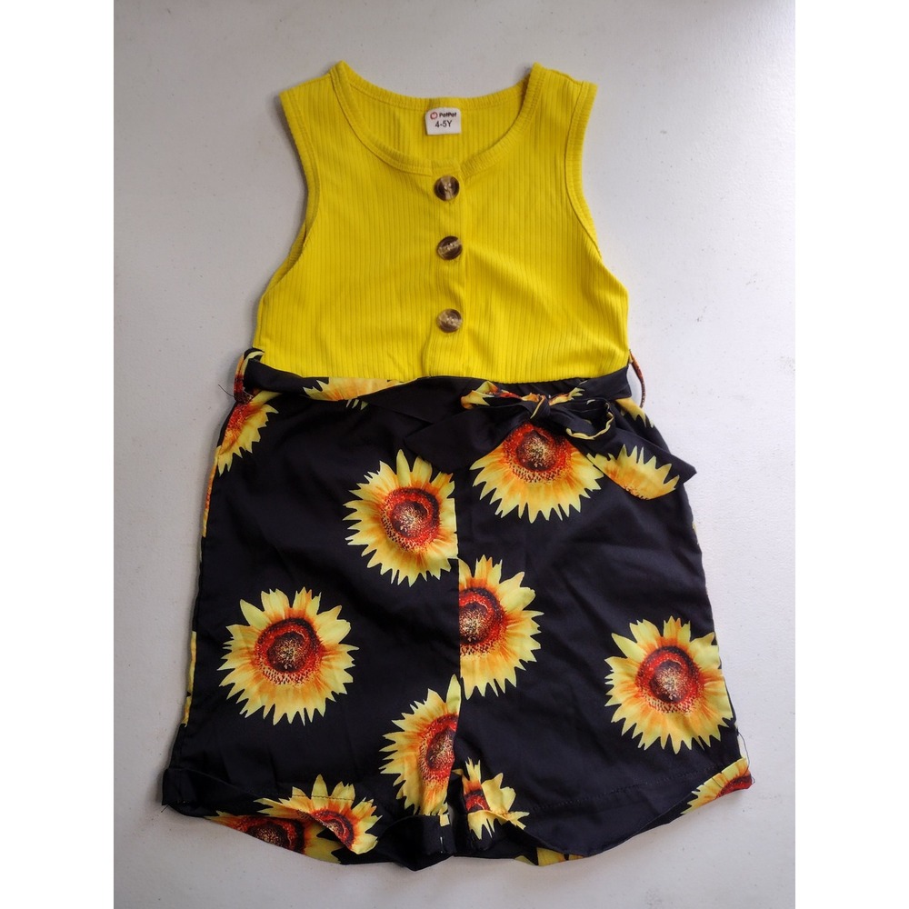 PatPat Girls Yellow Ribbed‎ Sunflower Print Romper 4-5Y Sleeveless Belted